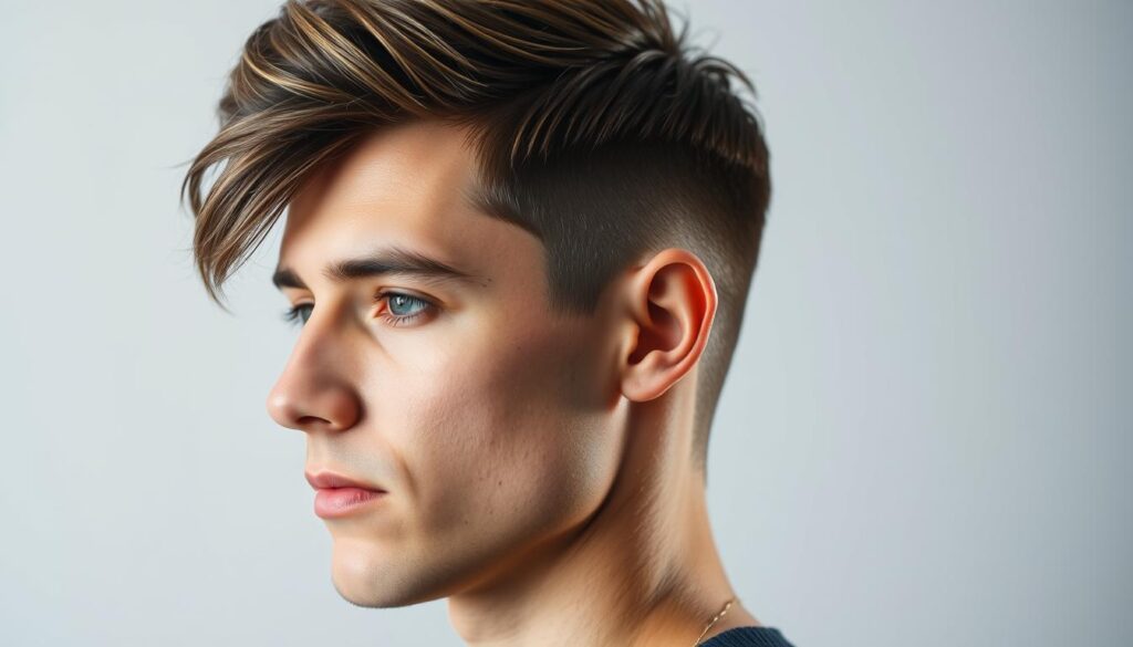 A close-up shot of a stylish men's haircut, showcasing the distinctive "edgar" style. The hair is neatly trimmed on the sides and back, with a longer, textured top section swept to the side in a modern, edgy look. The lighting is soft and flattering, accentuating the sharp lines and subtle highlights in the hair. The image has a bold, confident atmosphere, conveying the appeal of this bold and trendy hairstyle. The focus is on the haircut, with a clean, minimalist background allowing the style to take center stage.