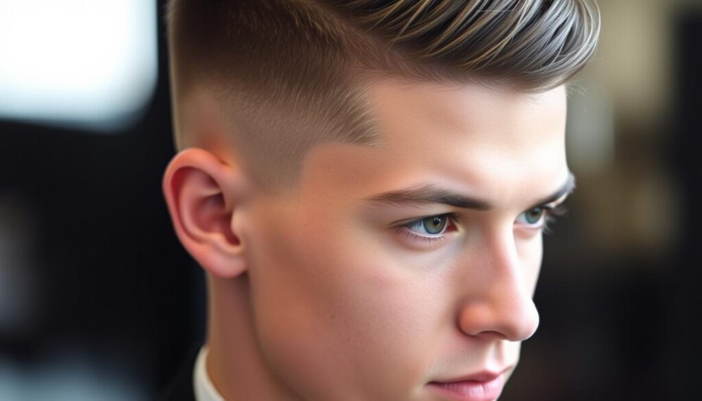 A close-up shot of a stylish mid taper fade hairstyle. The hair is neatly trimmed on the sides, gradually fading from a short buzz cut at the temples to a longer textured top. The lighting is soft and flattering, creating dimensional shadows that accentuate the contours of the fade. The model's facial expression is calm and confident, with a slight side-part to the hair adding a touch of sophistication. The background is blurred, placing the focus entirely on the intricate details of the mid taper fade.