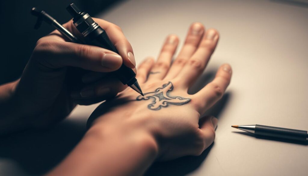 A close-up shot of a tattoo artist's hand delicately inking a intricate design on a client's skin. The artist's fingers are nimble and precise, wielding a tattoo machine with expert control. The background is slightly blurred, emphasizing the focus on the tattooing process. Soft, diffused lighting casts gentle shadows, highlighting the concentration and artistry of the moment. The tattoo artist's workspace is minimalist, with only the essential tools visible, creating a serene and professional atmosphere. The overall mood is one of quiet intensity, showcasing the skill and care required to create a beautiful and meaningful hand tattoo.