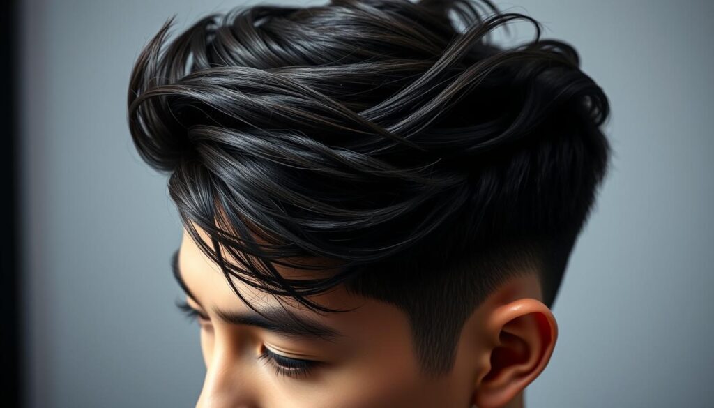 A close-up shot of a well-styled quiff hairstyle with defined, textured waves and volume on the crown. Lit from the side with dramatic shadows to accentuate the shape and flow of the hair. Crisp focus on the hair strands, with a slightly blurred, neutral background to make the hairstyle the focal point. The styling should convey a sense of effortless sophistication and modern Asian flair, reflecting the trend towards texture-forward styles.