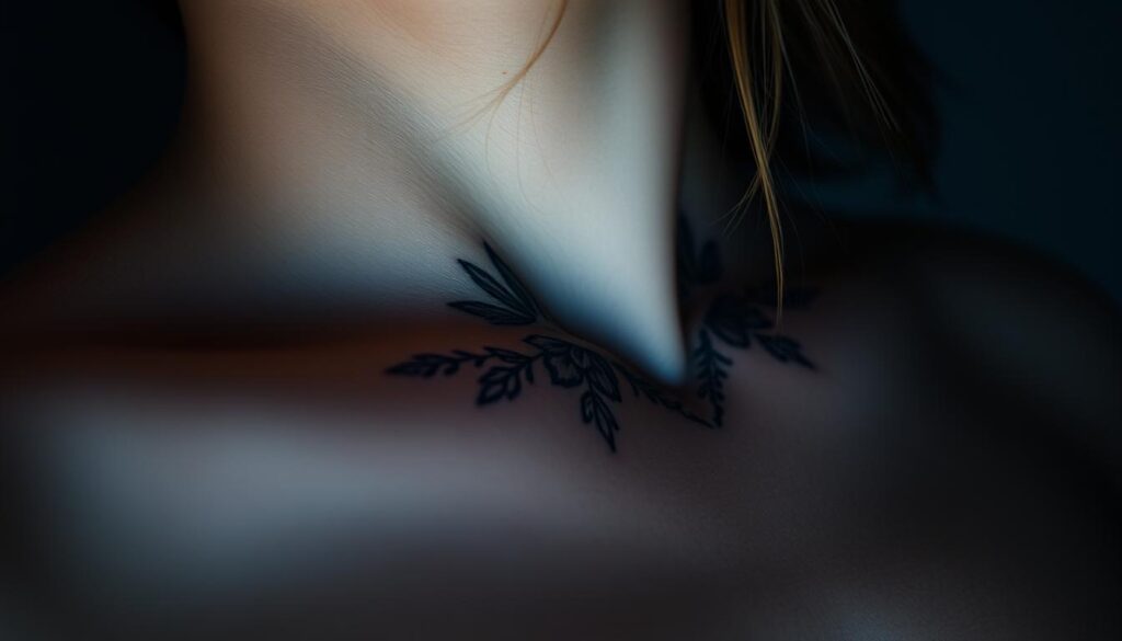 A close-up shot of a woman's collarbone, her skin a canvas for a delicate, intricate tattoo design. The tattoo features a blend of geometric patterns and organic, floral motifs in shades of blue, accentuating the natural curves of her body. Soft, diffused lighting creates a moody, intimate atmosphere, casting subtle shadows that highlight the intricate linework and shading of the tattoo. The angle is slightly tilted, drawing the viewer's gaze towards the collarbones, emphasizing the tattoo's placement and its significance as a form of self-expression for women in blue-collar trades.
