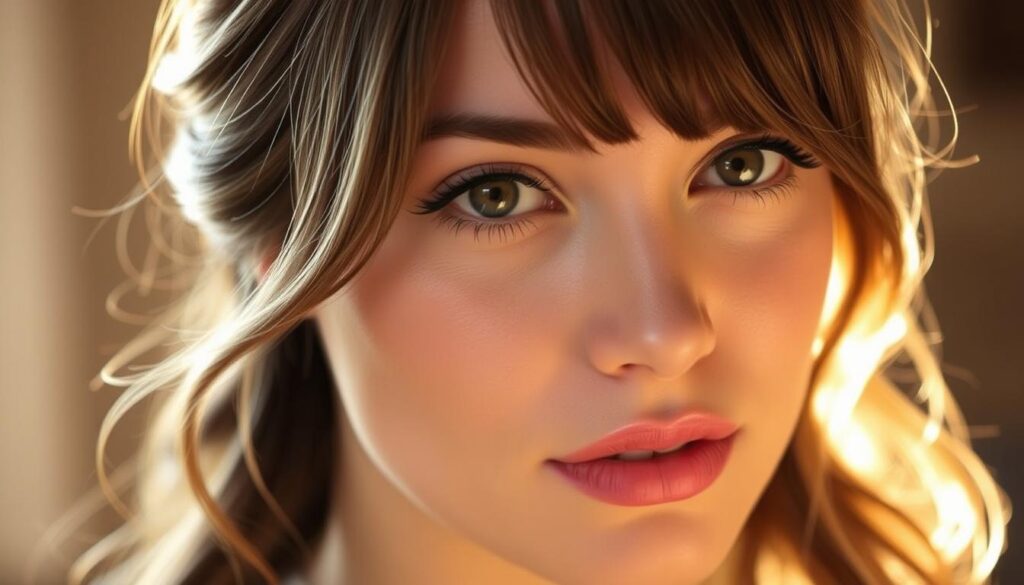 A close-up shot of a woman's face, framed by delicately swept side bangs that gently frame her features. The bangs are styled with a slight wave, creating a soft, flattering silhouette that adds dimension and softness to her face. The lighting is warm and diffused, casting a natural glow on her skin and highlighting the subtle highlights in her hair. The background is slightly blurred, allowing the focus to remain on the intricate details of the hairstyle. The overall mood is one of effortless elegance and feminine charm.