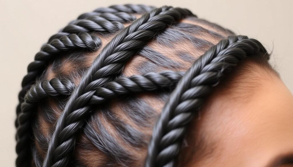 A close-up shot of a woman's head, focused on a neatly woven cornrow braid hairstyle. The braid starts at the forehead and runs along the side of the head, forming an intricate pattern with clean, uniform lines. The lighting is soft and diffused, highlighting the intricate details of the braiding technique. The background is blurred, placing the emphasis on the braid itself. The overall mood is one of precision, artistry, and attention to detail, reflecting the step-by-step technique described in the article.