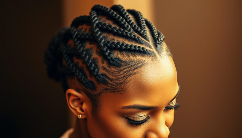 A close-up shot of a woman's head, her hair styled in a classic cornrow pattern. The tight braids start at the nape of her neck and fan out across the crown, creating a striking geometric design. Warm lighting illuminates the intricate textures of the braids, highlighting their glossy sheen and the natural warmth of the model's skin tone. The background is blurred, keeping the focus on the hairstyle's elegant lines and the model's serene, confident expression. The overall mood is one of poise, beauty, and the timeless elegance of this trusted protective styling technique.