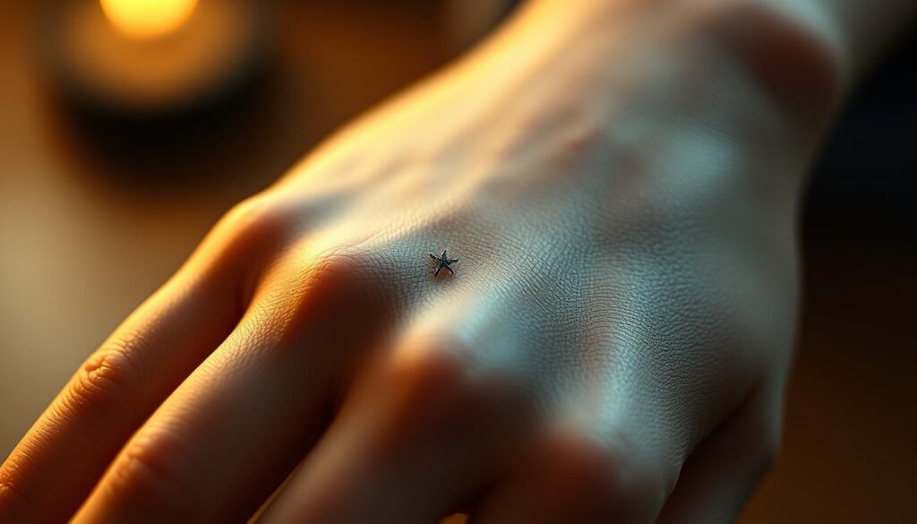 A close-up shot of delicate micro tattoos adorning a human hand, captured in a warm, soft lighting. The tattoos are intricate, featuring fine lines and minimalist designs that evoke a sense of elegance and precision. The skin texture is smooth, with a subtle sheen that enhances the details of the tattoos. The composition focuses on the hand, highlighting the delicate nature of the micro tattoos and their unique artistry. The background is blurred, creating a dreamlike, intimate atmosphere that draws the viewer's attention to the captivating details of the tiny, yet impactful, body art.