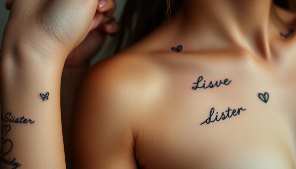 A close-up shot of several delicate sister tattoos in various placements on the body. The tattoos are detailed and intricate, ranging from miniature designs on the wrist or behind the ear to larger, statement pieces on the shoulder or ribcage. The skin tone is warm and natural, with a soft, diffused lighting that highlights the subtle shading and lines of the tattoos. The composition draws the viewer's eye to the unique placements, creating a sense of intimacy and personal expression. The overall mood is one of understated elegance and meaningful connection.