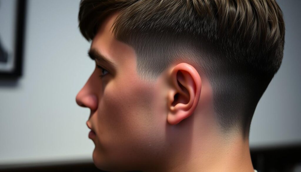 A close-up view of a classic men's fade haircut, with a smooth transition from short to long hair. The taper starts at the nape, gradually increasing in length up the sides and back, blending seamlessly into the longer hair on top. The skin fade is clearly visible, creating a sharp, clean-cut silhouette. The lighting is directional, casting subtle shadows that accentuate the contours of the hair and skin. The focus is sharp, capturing every subtle detail of the texture and shape. The overall mood is one of modern sophistication and well-groomed elegance.