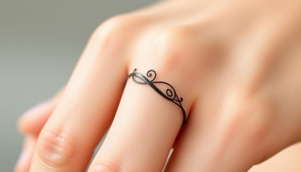A close-up view of a delicate ring tattoo on a slender finger, expertly rendered in fine black lines and graceful, flowing curves. The design features an intricate, organic pattern that wraps around the finger, capturing the beauty and symbolism of a wedding band. The skin is smooth and flawless, lit by soft, diffused lighting that casts gentle shadows, highlighting the intricate details of the tattoo. The image conveys a sense of elegance, intimacy, and the personal significance of this unique expression of commitment.