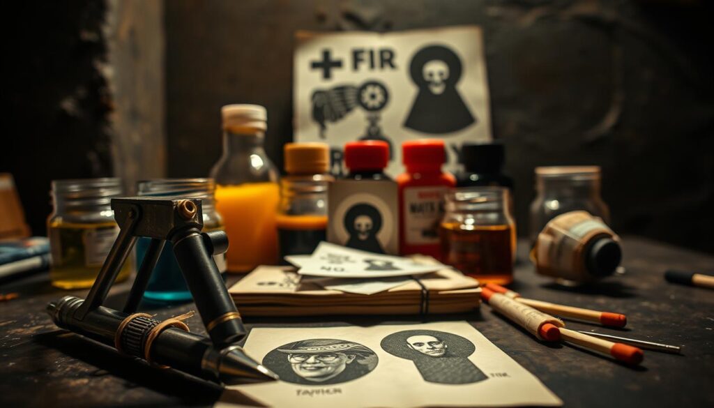 A close-up view of a diverse array of traditional prison tattoo tools, meticulously crafted from found materials. In the foreground, a makeshift tattoo gun fashioned from a mechanical pen, sewing needles, and a rubber band. Behind it, a collection of homemade inks in various shades, made from crushed medication, fruit juices, and burnt matches. In the middle ground, a set of improvised stencils cut from magazine pages and packaging. The background showcases a dimly lit, gritty environment, hinting at the harsh conditions in which these tools were used to create meaningful, personal body art. The scene conveys a sense of resourcefulness, resilience, and the powerful human desire for self-expression, even in the most constrained of circumstances.
