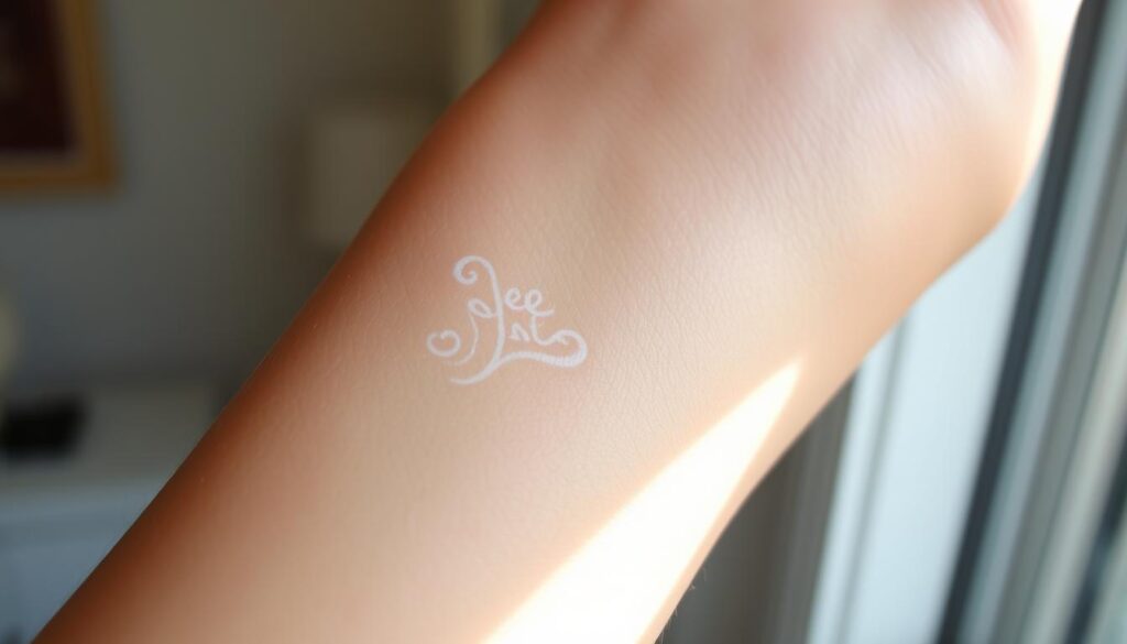 A close-up view of a freshly healed white ink tattoo on a lightly tanned forearm. The delicate design features intricate linework and subtle shading, reflecting the tender, healing stage. Soft, diffused natural lighting from a window casts a gentle glow, accentuating the slightly raised, puffy texture of the skin. The tattoo appears vibrant yet soothing, hinting at the transitional phase between the initial irritation and the final, polished result. The background is blurred, keeping the focus on the intricate details of the healing tattoo.