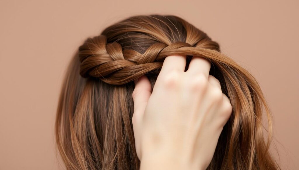 A close-up view of a hand delicately braiding strands of hair, showcasing the intricate technique of French braiding. The fingers are positioned precisely, guiding the hair sections with a gentle yet firm grip. The hair is a rich, chestnut brown color, and the lighting is soft and diffused, highlighting the contours of the hand and the flowing locks. The background is a neutral, muted tone, allowing the braiding action to be the focal point. The overall mood is one of calm concentration and the careful mastery of a traditional hairstyling skill.