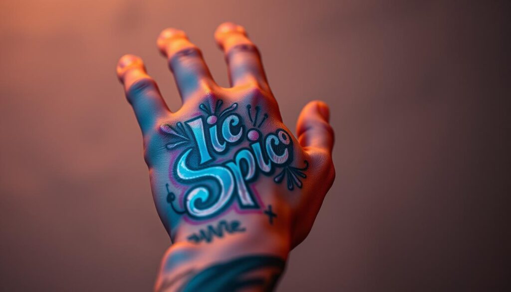 A close-up view of a hand with a vibrant, intricate tattoo of the popular music artist Ice Spice. The tattoo is depicted in a highly detailed and realistic style, with shades of icy blue, purple, and pink that seem to shimmer and glisten under the soft, warm lighting. The hand is positioned prominently in the center of the frame, with a slight angle to showcase the striking design. The background is blurred and hazy, placing the focus entirely on the captivating tattoo. The overall mood is one of artistic expression, fan devotion, and the fusion of music, social media, and personal style.