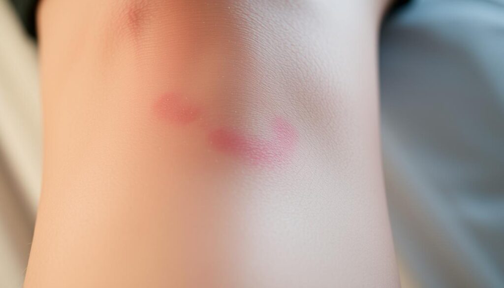 A close-up view of a healing knee tattoo, captured in soft, natural lighting. The skin around the tattoo is slightly reddened, with a subtle sheen of moisturizer. Fine lines of the tattoo design are visible, indicating a fresh ink application. The surrounding area is clean and unblemished, with a few small hairs visible, conveying a sense of realism. The angle is slightly tilted, providing a dynamic perspective that draws the viewer's attention to the healing process. The overall mood is calm and introspective, inviting the viewer to contemplate the journey of a new tattoo.