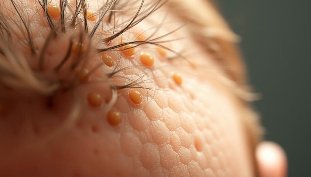 A close-up view of a human scalp, with a magnified look at the hair follicles and emerging new hair strands. The image should be highly detailed, with a sharp focus on the skin texture, pores, and the delicate structures of the hair roots. Lighting should be natural and soft, creating a subtle glow that emphasizes the intricate biology of hair growth. The composition should be centered on the scalp, filling the frame with a sense of scientific curiosity and wonder at the regenerative power of the human body. The overall mood should be educational and informative, conveying the evidence-based treatments for hair loss.