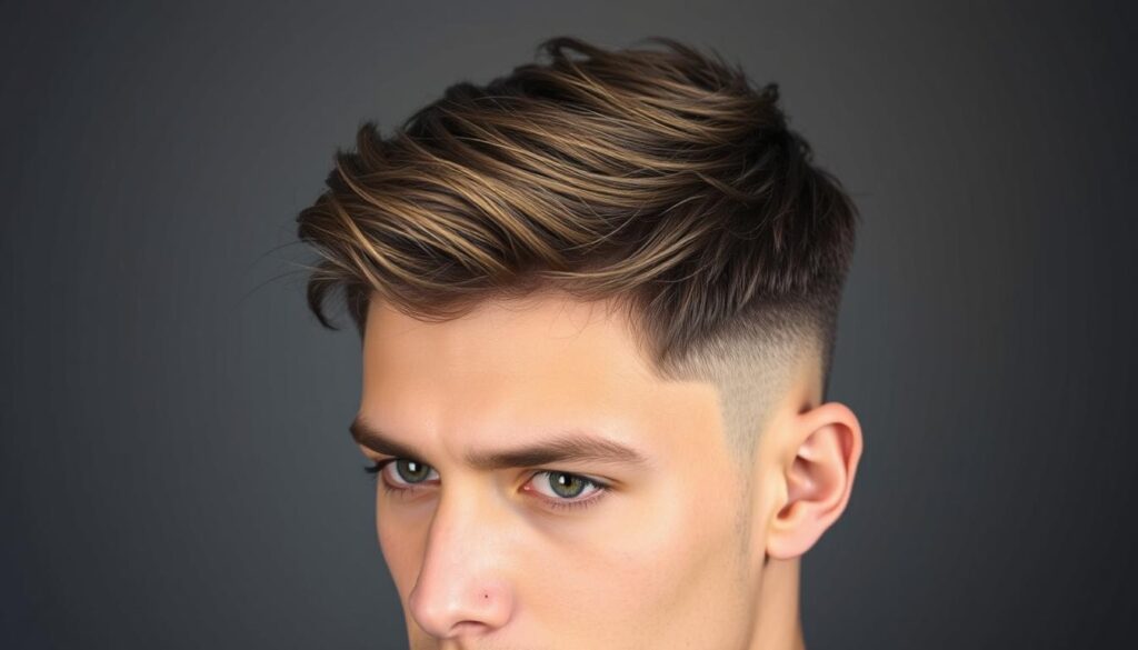 A close-up view of a male model's head, showcasing a well-executed fade haircut. The top features textured, tousled locks, gradually transitioning into shorter, tapered sides and nape. Soft, directional lighting accentuates the contours and shadows, creating depth and dimension. The model's expression is calm and confident, highlighting the sleek, sophisticated style. The background is a minimalist, studio-like setting with muted tones, allowing the focus to remain on the subject's hairstyle and facial features.