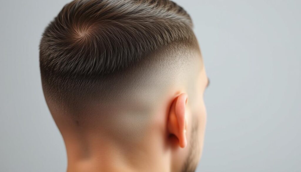 A close-up view of a man's head, showcasing a well-executed taper fade hairstyle. The hair at the top and sides is cropped short, gradually transitioning to longer lengths towards the nape of the neck, creating a smooth, tapered look. The lighting is soft and diffused, accentuating the fine details of the fade, with subtle shadows defining the contours of the head. The background is blurred, keeping the focus on the intricate haircut. The overall mood is one of precision and grooming, reflecting the expertise required to achieve this classic men's hairstyle.