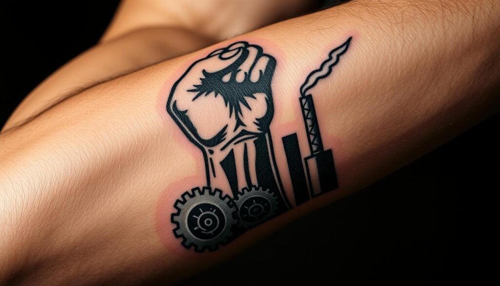 A close-up view of a muscular forearm displaying a bold, detailed tattoo depicting a clenched fist rising out of stylized factory gears and smokestacks, symbolizing the strength and unity of the labor movement. The tattoo is rendered in a gritty, high-contrast black and grey style, with strong shading and texture to convey the rugged, industrial aesthetic. The lighting is dramatic, with deep shadows and highlights that accentuate the powerful, defiant design. The composition is tight, filling the frame and emphasizing the tattoo's symbolic significance.