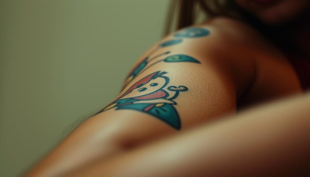 A close-up view of a person's arm, highlighting a tattoo that depicts a humorous "Funny or Die" skit. The tattoo is intricately detailed, with vibrant colors and a playful, cartoonish style. The tattoo is positioned prominently on the foreground, with the skin texture and surrounding arm details providing a natural, realistic context. The lighting is soft and diffused, creating a warm, inviting atmosphere that complements the playful nature of the tattoo. The angle is slightly tilted, adding a sense of dynamism and interest to the composition. The overall image conveys a lighthearted, whimsical mood, reflecting the spirit of the "Funny or Die" skit that inspired the tattoo.