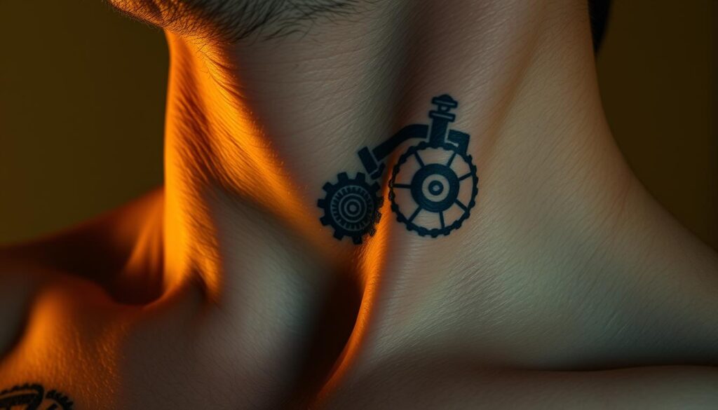 A close-up view of a person's collarbone, showcasing a detailed blue-toned tattoo design. The tattoo features intricate patterns and symbols reminiscent of industrial or mechanical motifs, such as gears, cogs, and pipes. The skin has a slightly weathered, textured appearance, adding to the rugged, blue-collar aesthetic. The lighting is warm and dramatic, casting soft shadows that accentuate the contours of the collarbone and tattoo. The image is captured at a slight angle, creating a sense of depth and emphasizing the artistry of the tattoo design.