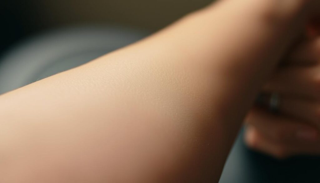 A close-up view of a tattooed arm, partially obscured by a layer of skin-colored makeup. In the foreground, the tattoo is visible, with subtle imperfections and uneven coverage. The middle ground shows the makeup application, blended seamlessly to create a natural, subtle appearance. The background is softly blurred, drawing the viewer's attention to the delicate balance of coverage and the strategic placement of the "peekers" - the intentional glimpses of the tattoo design peeking through the makeup. Soft, warm lighting casts a gentle glow, emphasizing the smooth, even texture of the skin. The overall mood is one of careful artistry and the careful concealment of a personal expression.