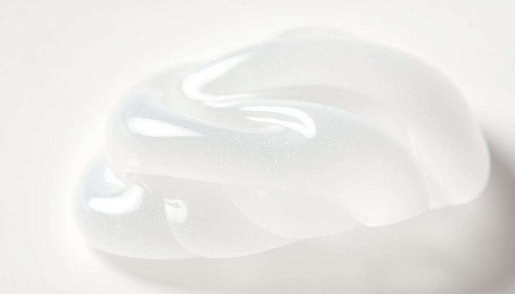 A close-up view of a transparent, jelly-like substance with a shimmering, pearlescent finish. The adhesive is shown against a plain, neutral background that allows the product to be the focal point. Soft, diffused lighting from multiple angles creates a sense of depth and dimension, highlighting the smooth, glossy texture of the adhesive. The overall composition conveys a sense of purity, quality, and skin-safe formulation, aligning with the article's subject and section title.