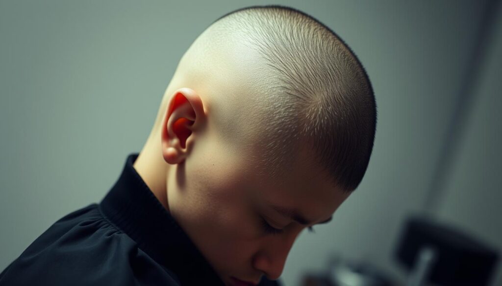 A close-up view of a well-groomed bald fade haircut, showcasing the smooth transition from the closely-cropped sides to the longer hair on top. The lighting is soft and flattering, highlighting the clean lines and precision of the cut. The model's head is angled slightly to the side, allowing the viewer to appreciate the intricate fade pattern. The background is a neutral, out-of-focus setting, keeping the focus solely on the subject's expertly crafted hairstyle. The overall mood is one of sophistication and attention to detail, reflecting the artistry and skill required to achieve the classic bald fade look.