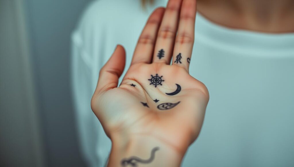 A close-up view of a woman's hand, palm facing forward, with several intricate tattoos symbolizing meaningful personal motifs. The tattoos are rendered in fine lines and delicate shades, including geometric shapes, celestial symbols, and nature-inspired designs. The hand is positioned against a softly blurred, ethereal background, creating a sense of focus and introspection. Subtle side lighting accentuates the details of the tattoos, while an overall muted color palette evokes a contemplative, thoughtful mood. The image aims to capture the significance and personal expression conveyed through the symbolic hand tattoos.