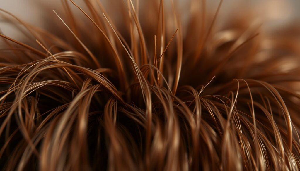 A closeup macro shot of densely packed human hair fibers emerging from the scalp, with a focus on the roots and follicles. The image has a shallow depth of field, creating a softly blurred background that emphasizes the intricate texture and fine details of the hair strands. The lighting is natural and slightly diffused, casting subtle shadows that accentuate the three-dimensional structure of the hair. The color palette is warm and neutral, with hints of brown, golden, and auburn tones. The overall mood is one of close examination, highlighting the complexities of the human hair and the challenges of maintaining a full, healthy head of hair.