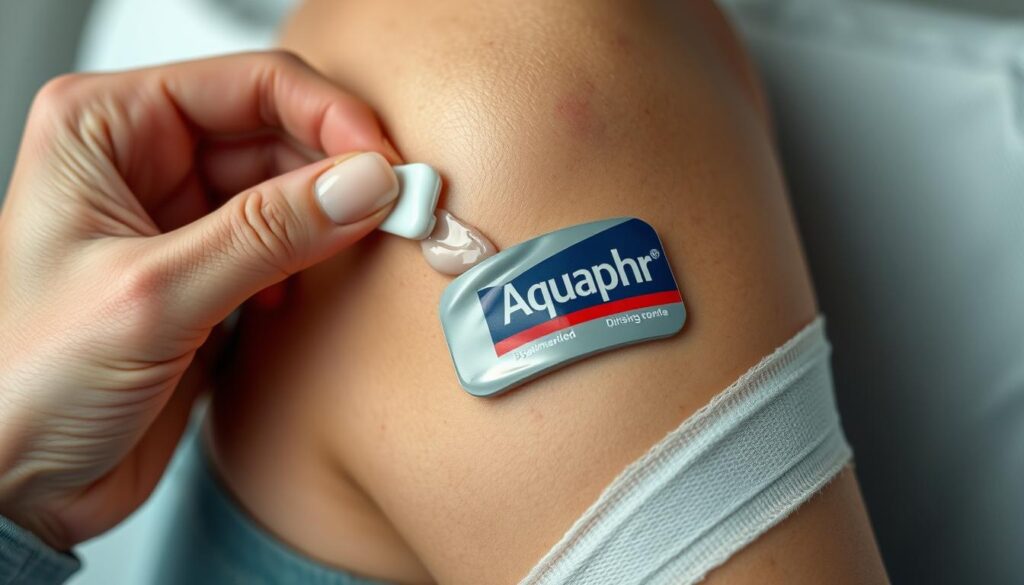 A closeup shot of a hand gently applying a smooth, translucent layer of Aquaphor ointment to a freshly bandaged tattoo. The skin around the tattoo appears slightly reddened, with a hint of swelling, reflecting the initial stages of the healing process. The Aquaphor's soothing, moisturizing formula is meticulously worked into the tattoo, creating a protective barrier. Soft, diffused lighting illuminates the scene, creating a calming, intimate atmosphere. The overall composition emphasizes the care and attention required during the crucial aftercare phase, reflecting the importance of this step in the tattoo healing journey.
