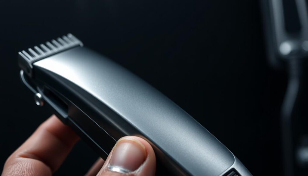 A closeup shot of a professional barber's hand holding a silver clipper guard against a dark, textured background. The guard is slightly angled, casting subtle shadows that accentuate its form. The lighting is soft and directional, creating a sense of depth and focus on the subject. The background is slightly blurred, keeping the attention on the intricate details of the clipper guard - its sleek metallic finish, the precision-engineered grooves, and the subtle reflections that dance across its surface. The overall mood is one of craftsmanship, precision, and the tools of the trade.