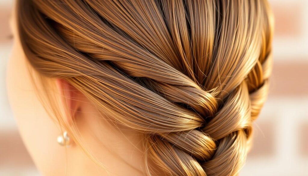 A closeup shot of a woman's hair in a classic Dutch braid. The braid is neatly woven, with clean lines and even tension, showcasing a timeless, effortless hairstyle. Warm, natural lighting illuminates the hair, highlighting its texture and shine. The background is blurred, keeping the focus solely on the intricate braiding technique. The image conveys a sense of simplicity, elegance, and approachability, making it an ideal visual representation for a beginner's guide to Dutch braiding.