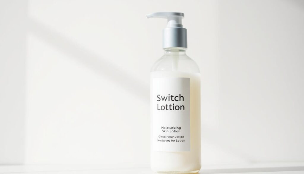 A closeup view of a bottle of moisturizing skin lotion, captured with a soft, diffused lighting setup against a clean, minimalist background. The bottle has a sleek, modern design with a simple label displaying the product name "Switch Lotion". The liquid inside has a translucent, milky-white appearance, suggesting a gentle, nourishing formula. The overall composition conveys a sense of calm, soothing atmosphere, perfect for illustrating the transition from ointment to lotion for tattoo aftercare.