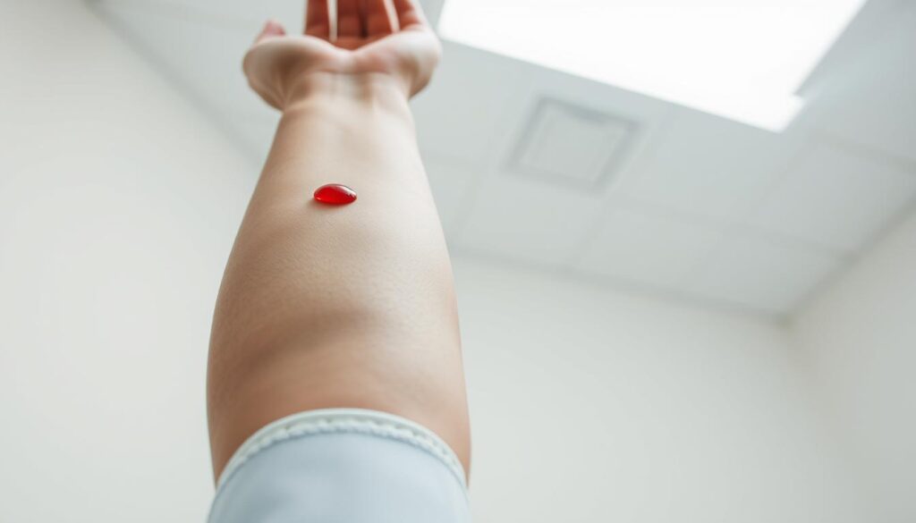 A closeup view of a person's arm with a tourniquet wrapped around the bicep, their hand held out as if donating blood. The skin is smooth and healthy, a vibrant red drop of blood beading on the surface of the vein. The background is a sterile, clinical setting, with clean white walls and bright, diffused lighting overhead casting a soft, even glow. The tone is one of medical professionalism and civic duty, conveying the importance and ease of blood donation.