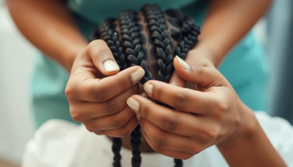 A closeup view of a woman's hands carefully manipulating and styling knotless box braids, showcasing the intricate technique. The braids are neatly sectioned, with a smooth, uniform appearance and a natural, voluminous texture. The hands are positioned in the foreground, with a soft, diffused light illuminating the braiding process, creating a calming, instructional atmosphere. The background is blurred, keeping the focus on the hands and the braids. Captured with a shallow depth of field and a warm, inviting color palette to accentuate the soothing, step-by-step tutorial nature of the image.