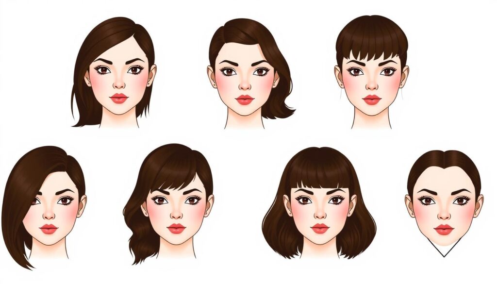 A collection of distinct face shapes, including oval, round, square, heart-shaped, and diamond-shaped, rendered in a clean, minimalist style with soft lighting and a neutral background. The faces are positioned in a grid layout, showcasing the unique features and proportions of each shape. The image conveys a sense of balance, harmony, and understanding of how different facial structures can be complemented by specific hairstyles, as explored in the "Match Your Shag to Your Face Shape" section of the article.