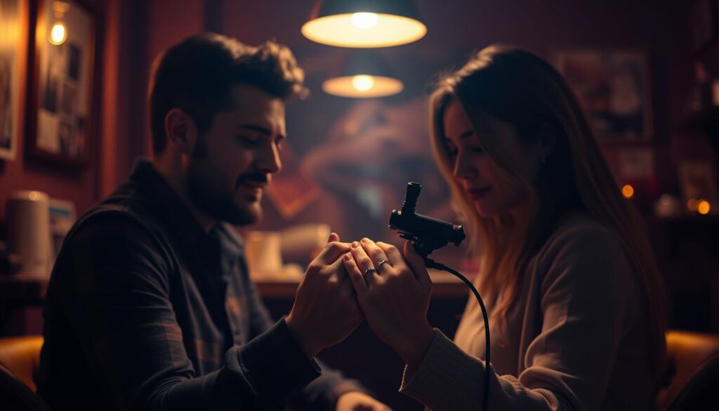 A couple sitting in a dimly lit tattoo parlor, the artist's skilled hand gently inking their interlocked fingers. The warm glow of the tattoo machine casts a soft light, accentuating the nervous yet excited expressions on their faces. The background is blurred, drawing the viewer's focus to the intimate moment being captured. Ambient music plays softly, adding to the calming atmosphere as the couple solidifies their bond with permanent ink.