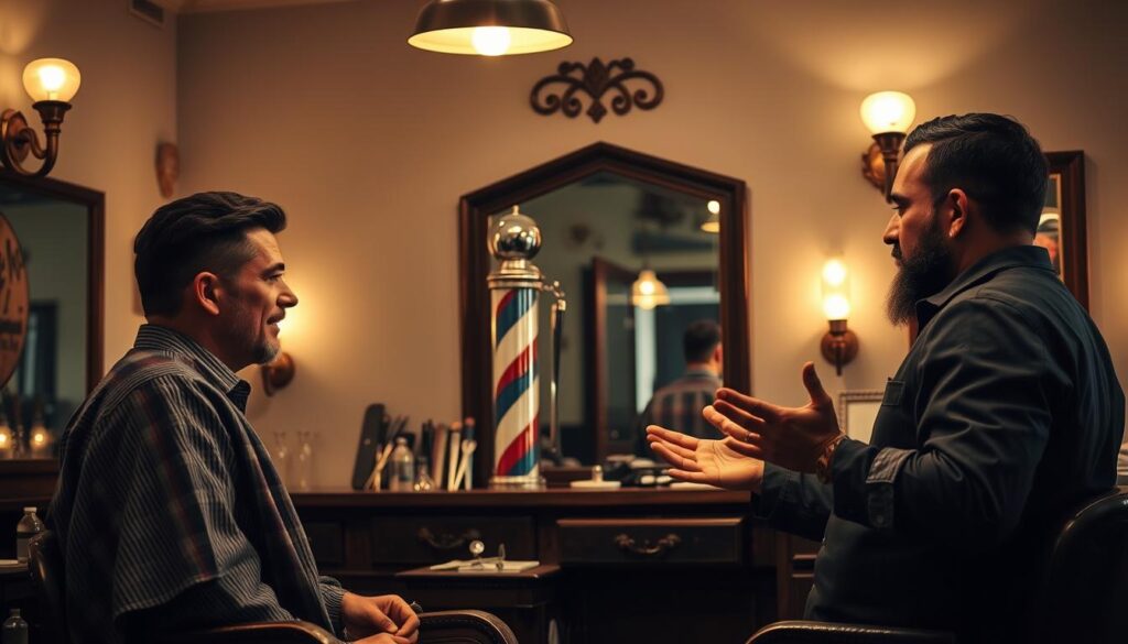 A cozy barber shop interior, softly lit by vintage wall sconces. In the foreground, two barbers engage in animated conversation, their hands gesturing as they discuss the latest hairstyles and techniques. The middle ground features an array of classic barbering tools - scissors, combs, and an old-fashioned barber pole. In the background, a wall-mounted mirror reflects the scene, creating a sense of depth and introspection. The overall mood is one of camaraderie, professionalism, and the enduring legacy of the barbering craft.