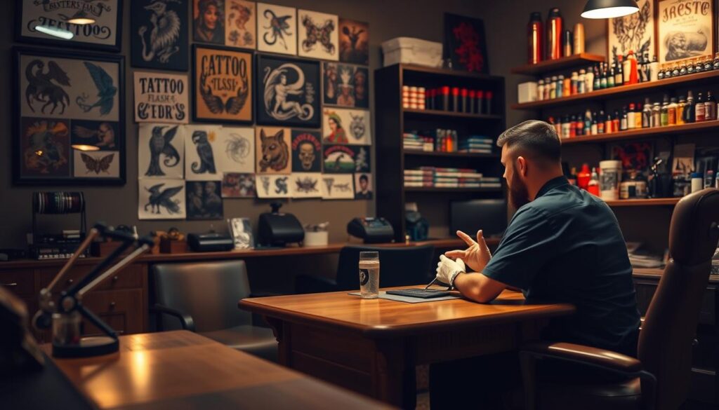 A cozy consultation room, softly lit with warm ambient lighting. The foreground features a wooden desk with a professional-looking tattoo artist sitting across from a client, their hands gesturing as they discuss tattoo designs. The middle ground showcases various tattoo flash art displayed on the walls, lending an air of expertise and creativity. In the background, shelves brimming with tattoo supplies and equipment, conveying a sense of a well-equipped, knowledgeable studio. The overall mood is one of trust, collaboration, and a shared passion for the art of tattooing.
