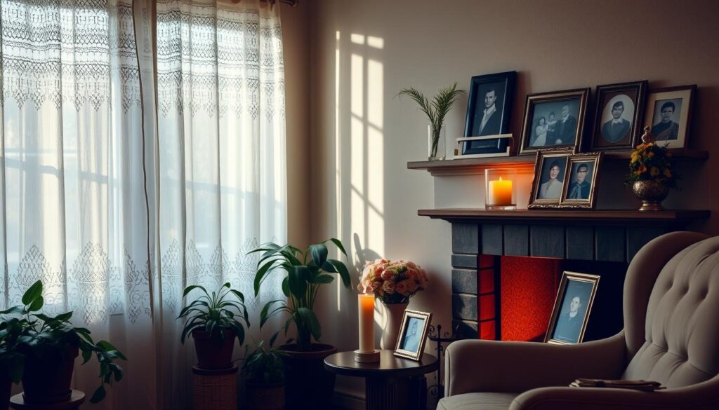 A cozy living room with a warm fireplace, its mantel adorned with framed photographs and a small memorial display. Soft lighting filters through lace curtains, casting a gentle glow on the room. On a side table, a single flickering candle casts shadows on the wall, and a simple wooden frame holds a portrait of a beloved family member. Potted plants and a plush armchair create a serene, comforting atmosphere, inviting contemplation and quiet remembrance. A cozy living room with a warm fireplace, its mantel adorned with framed photographs and a small memorial display. Soft lighting filters through lace curtains, casting a gentle glow on the room. On a side table, a single flickering candle casts shadows on the wall, and a simple wooden frame holds a portrait of a beloved family member. Potted plants and a plush armchair create a serene, comforting atmosphere, inviting contemplation and quiet remembrance.