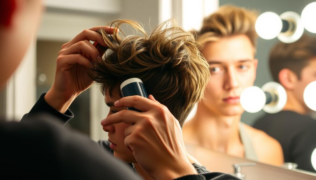 A cozy, well-lit bathroom setting. In the foreground, a close-up of a person's hands skillfully styling short, textured hair using a variety of hair products. Soft, directional lighting illuminates the process, casting subtle shadows that accentuate the facial features and the movement of the hands. In the background, a mirror reflects the person's face, showcasing the finished hairstyle - a tousled, boyish look that exudes confidence and effortless style. The overall atmosphere is relaxed and inviting, capturing the essence of the "Styling playbook: products, techniques, and quick wins" section.