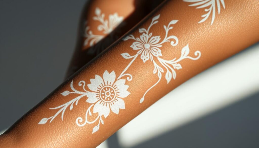 A crisp, well-lit close-up of a tattooed arm with intricate white ink designs on a fair skin canvas. The tattoos feature elegant floral patterns, delicate line work, and subtle shimmering effects. The lighting casts soft shadows, accentuating the depth and nuance of the white ink. The image has a serene, almost ethereal quality, showcasing the versatility and artistry of white tattoos against a darker skin tone.