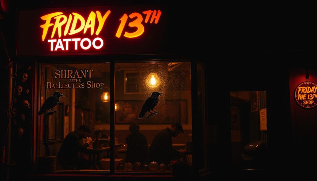 A dark and moody Friday the 13th tattoo shop, its neon sign flickering in the gloomy evening light. The storefront is adorned with macabre imagery - skulls, ravens, and twisted metal. Through the grimy windows, one can glimpse the silhouettes of tattoo artists at work, their needles dancing across the skin of customers. The scene is bathed in a warm, amber glow, casting dramatic shadows that add to the sense of foreboding. The overall atmosphere is one of excitement and anticipation, inviting passersby to come in and commemorate the ominous date with a bold, permanent mark.