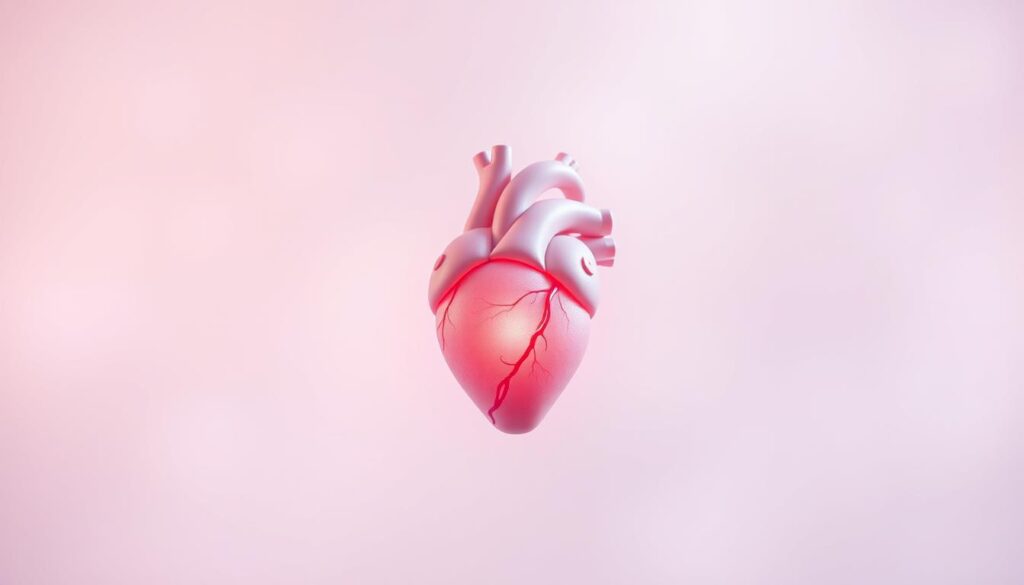 A delicate, anatomically correct heart floating in a serene, ethereal space. The heart is rendered in a soft, pastel palette, with a slight glow emanating from within. The background is a hazy, dreamlike gradient, with hints of pink and lavender, creating a warm, romantic atmosphere. The heart is positioned in the center of the frame, capturing the viewer's attention. The lighting is soft and diffused, casting gentle shadows and highlights that accentuate the heart's intricate details. The overall composition is balanced and visually pleasing, evoking a sense of love, tenderness, and emotional connection.