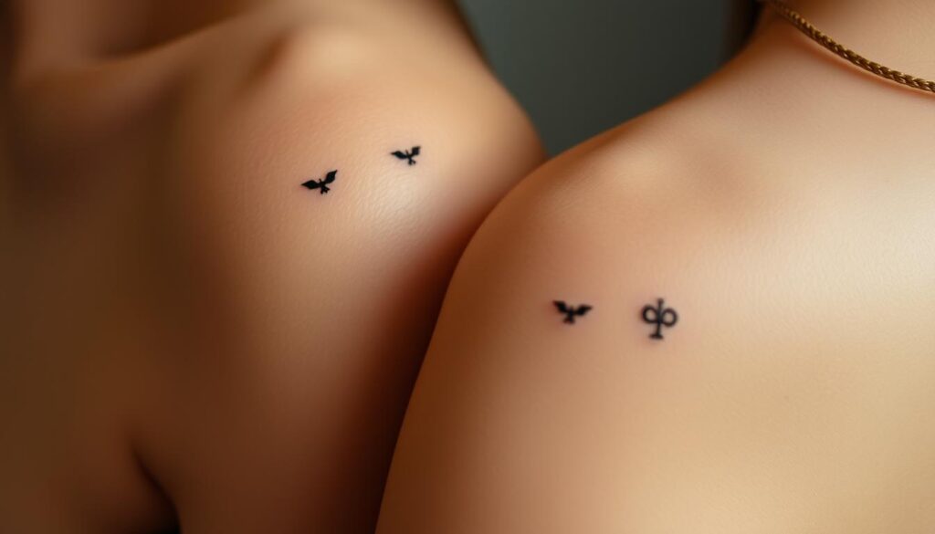 A delicate array of intricate minimalist tattoos adorn the skin, each a subtle testament to the bond between friends. A close-up view captures the fine lines and intricate details, rendered in a soft, muted palette that evokes a sense of intimacy and understated elegance. The tattoos are precisely placed, their positioning suggesting a thoughtful, personal significance. The lighting is soft and diffused, casting gentle shadows that accentuate the delicate nature of the designs. The overall composition conveys a sense of quiet reflection, inviting the viewer to pause and appreciate the meaningful, everyday reminders of cherished companionship.