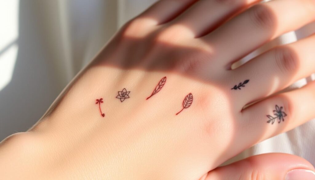 A delicate array of small, intricate tattoos adorns a human hand. The tattoos range in size from 1 to 3 inches, showcasing the artist's meticulous attention to detail. The skin is smooth and youthful, with a hint of warmth from natural lighting that casts soft shadows, emphasizing the fine lines and curves of the designs. The tattoos include a miniature floral motif, a subtle geometric pattern, and a delicate feather, all rendered in a muted, earthy color palette that complements the natural tone of the skin. The image captures the beauty and elegance of these tiny, yet stunning, pieces of body art.
