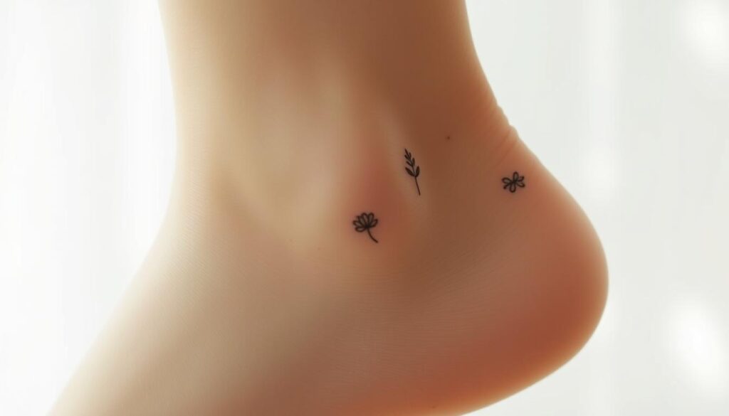 A delicate array of tiny tattoos adorns a slender ankle, captured in a soft, natural light. The intricate designs dance across the skin, ranging from dainty floral motifs to minimalist geometric patterns. The tattoos are rendered with precise, fine lines, creating a sense of delicacy and elegance. The image is framed in a close-up, showcasing the intricate details and the smooth, unblemished skin. The overall mood is serene and intimate, inviting the viewer to appreciate the beauty and meaning of these small, yet impactful, body adornments.