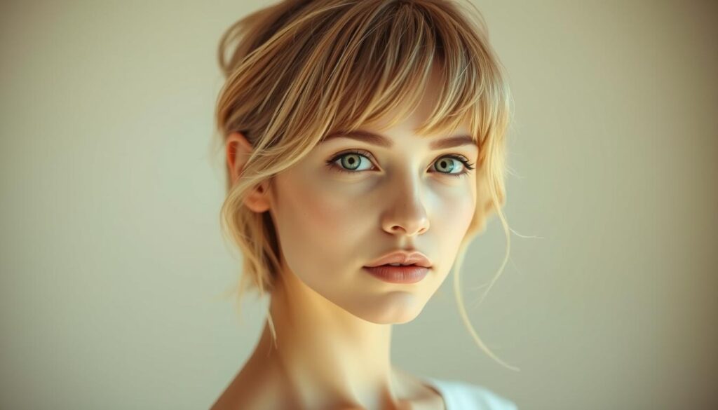 A delicate butterfly haircut with soft, feathery layers cascading down the neck and framing the face. The model's expression is serene, their gaze direct and confident. The lighting is soft and diffused, creating a warm, golden glow that enhances the natural tones and textures of the hair. The background is blurred and minimalist, placing the focus entirely on the intricate details of the hairstyle. The overall atmosphere is one of effortless elegance and style, reflecting the versatility and charm of the butterfly cut.