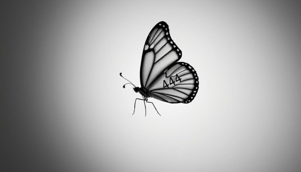 A delicate butterfly with intricate wing patterns, its body adorned with the symbolic number "444", resting gracefully on a minimalist, monochrome background. Soft, diffused lighting illuminates the scene, creating a serene and ethereal atmosphere. The butterfly's wings are rendered with precision, each detail captured with photorealistic clarity. The 444 tattoo design is elegant and understated, complementing the natural beauty of the butterfly. The composition is balanced and visually striking, drawing the viewer's attention to the central focus of the image.