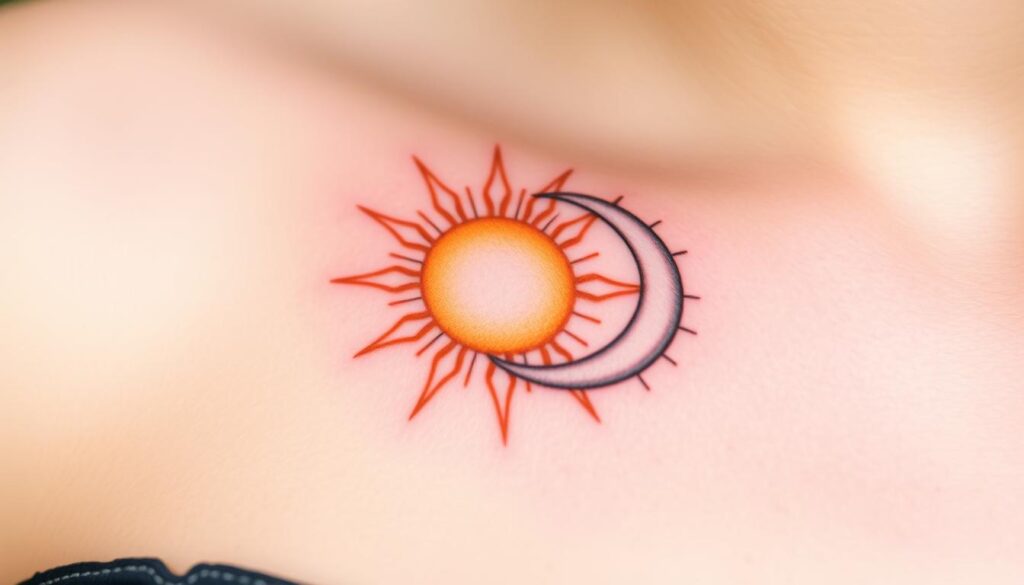 A delicate celestial design - a sun and moon tattoo, intricately intertwined, gracing the skin like a whisper from the cosmos. The sun, a radiant orb of golden hues, its rays cascading across the composition, casting a warm, ethereal glow. The moon, a crescent of silver, nestled against the sun, their union symbolic of the balance between light and dark, day and night. The linework is precise, the shading subtly gradated, creating depth and dimension. The tattoo appears to be etched into the subject's skin, a permanent reminder of the harmony found in the interplay of celestial bodies. The overall aesthetic is serene, elegant, and deeply meaningful, reflecting the complementary nature of the souls it represents.