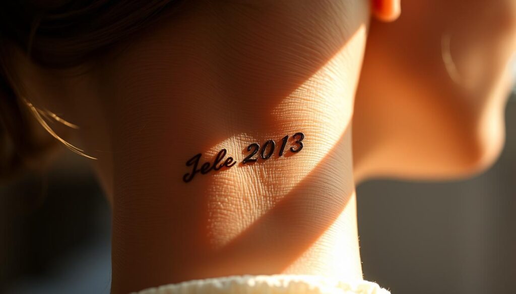 A delicate cursive script adorns the skin, a timeless symbol of a cherished moment. The date etched in elegant numerals, a permanent testament to a bond that transcends time. Soft, natural lighting caresses the intricate lines, casting a warm, intimate glow. The tattoo's placement on the wrist or behind the ear adds a touch of understated elegance, drawing the eye to the simple yet impactful design. Subtle shadows and highlights accentuate the depth and texture of the ink, creating a sense of depth and dimension. The overall composition exudes a serene, romantic atmosphere, reflecting the deep significance of the chosen date and the couple's shared journey.
